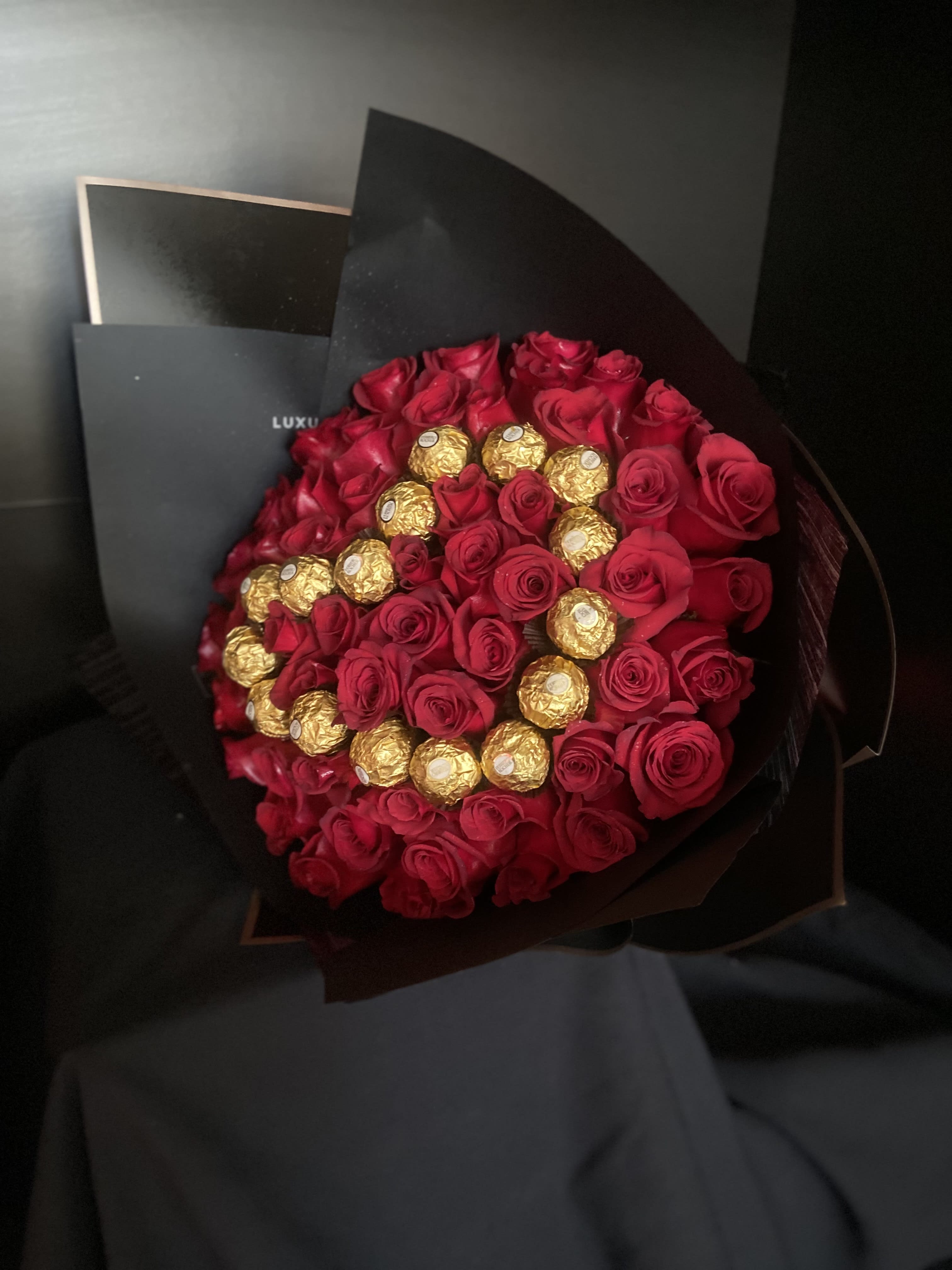 Tomasa Bouquet 50 - 50 Red Roses, with Ferrero Chocolate Heart.