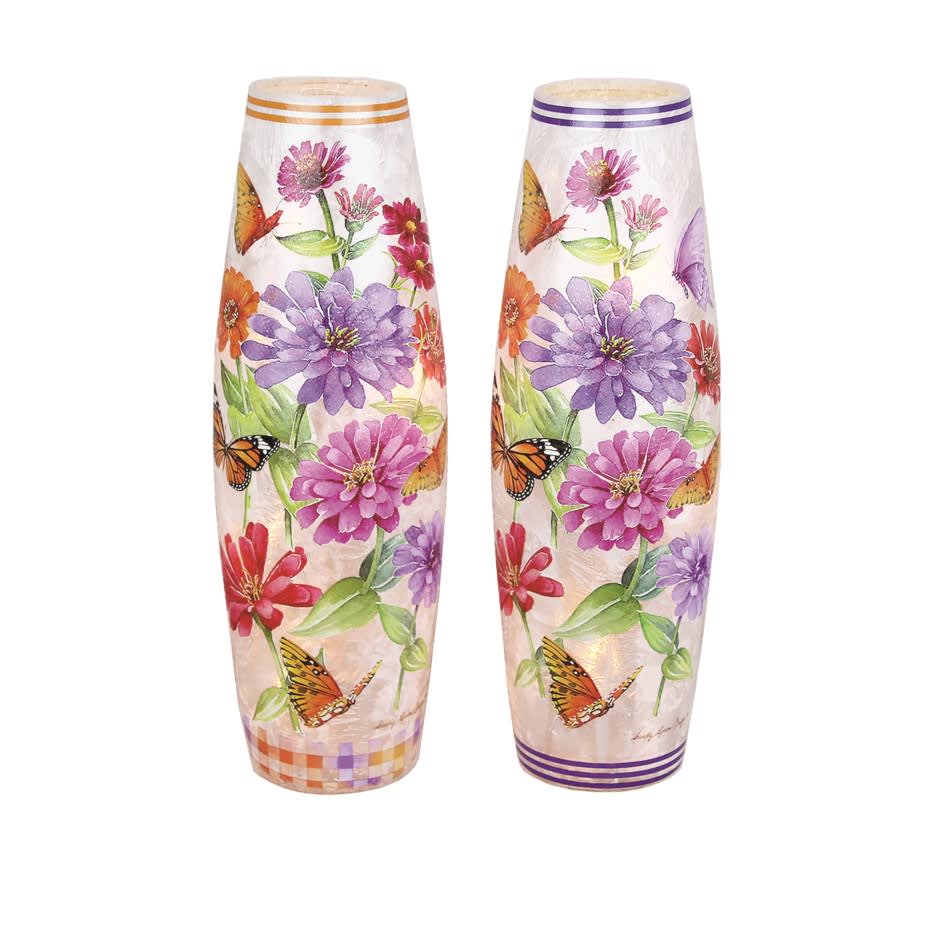 Zinnias and Butterflies Crackle Glass Memory Lamp - This crackle glass memory lamp is 4.0&quot; W x4.0&quot; Diameter and  11.75&quot; in Height. It has beautiful Zinnias and butterflies . Electric led lights inside.  Comes with special card that reads &quot; This lamp has been specially selected by... to honor the memory of.... Each time you light this lamp, may you recall the many wonderful occasions that you have shared together and their light continues to shine and touch your life. With Deepest Sympathy. Deluxe and Premium includes a wreath of fresh flowers.
