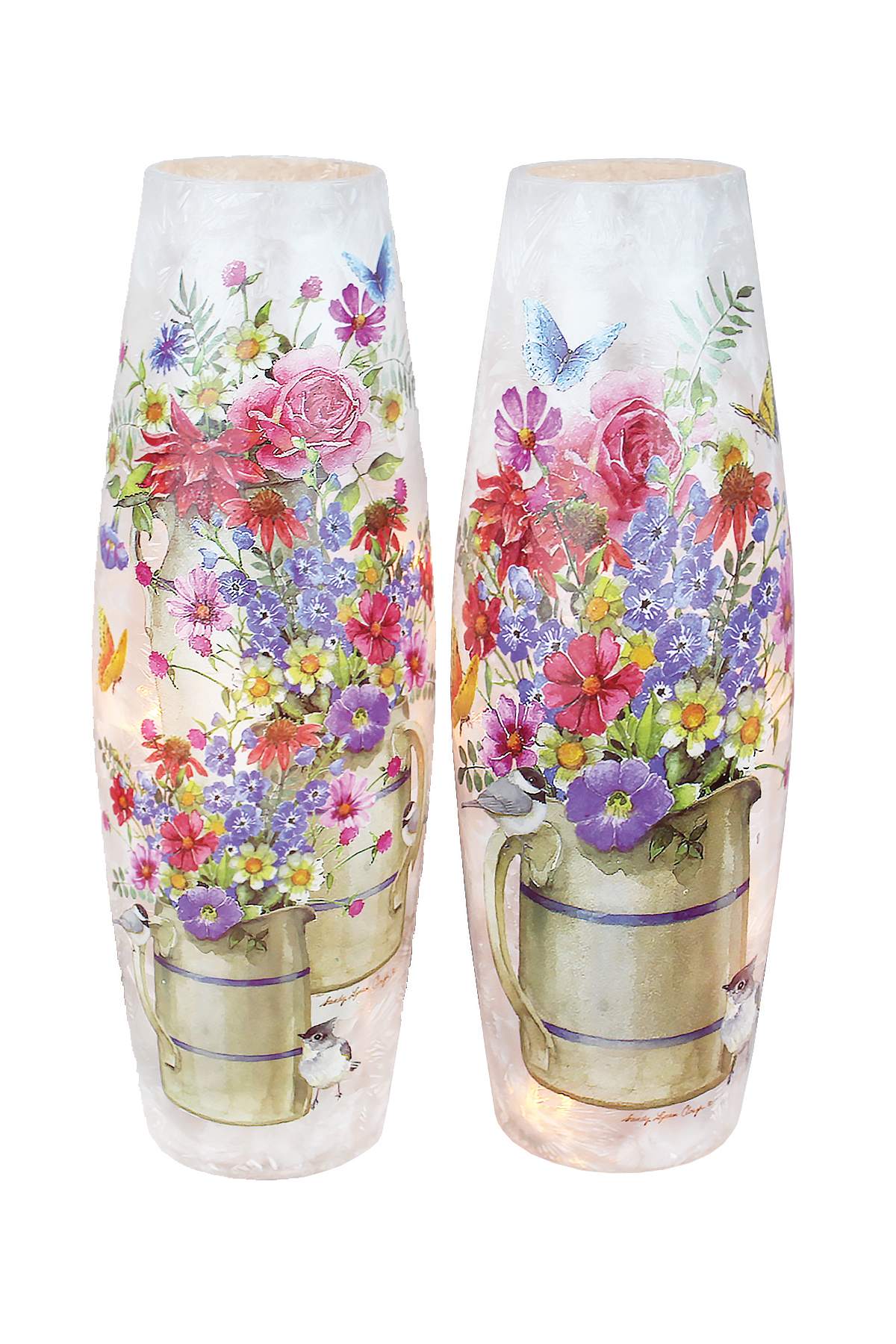 Farm Bouquets in Water Jugs with Birds and Butterflies Crackle Glass Memory Lamp Tall - This crackle glass memory lamp is 4.0 &quot;W x 4.0&quot; Diameter and  11.75&quot; in Height. It has a beautiful flower arrangement in water jug with birds and butterflies. Electric led lights inside.  Comes with special card that reads &quot; This lamp has been specially selected by... to honor the memory of.... Each time you light this lamp, may you recall the many wonderful occasions that you have shared together and their light continues to shine and touch your life. With Deepest Sympathy. Deluxe and Premium includes a wreath of fresh flowers.