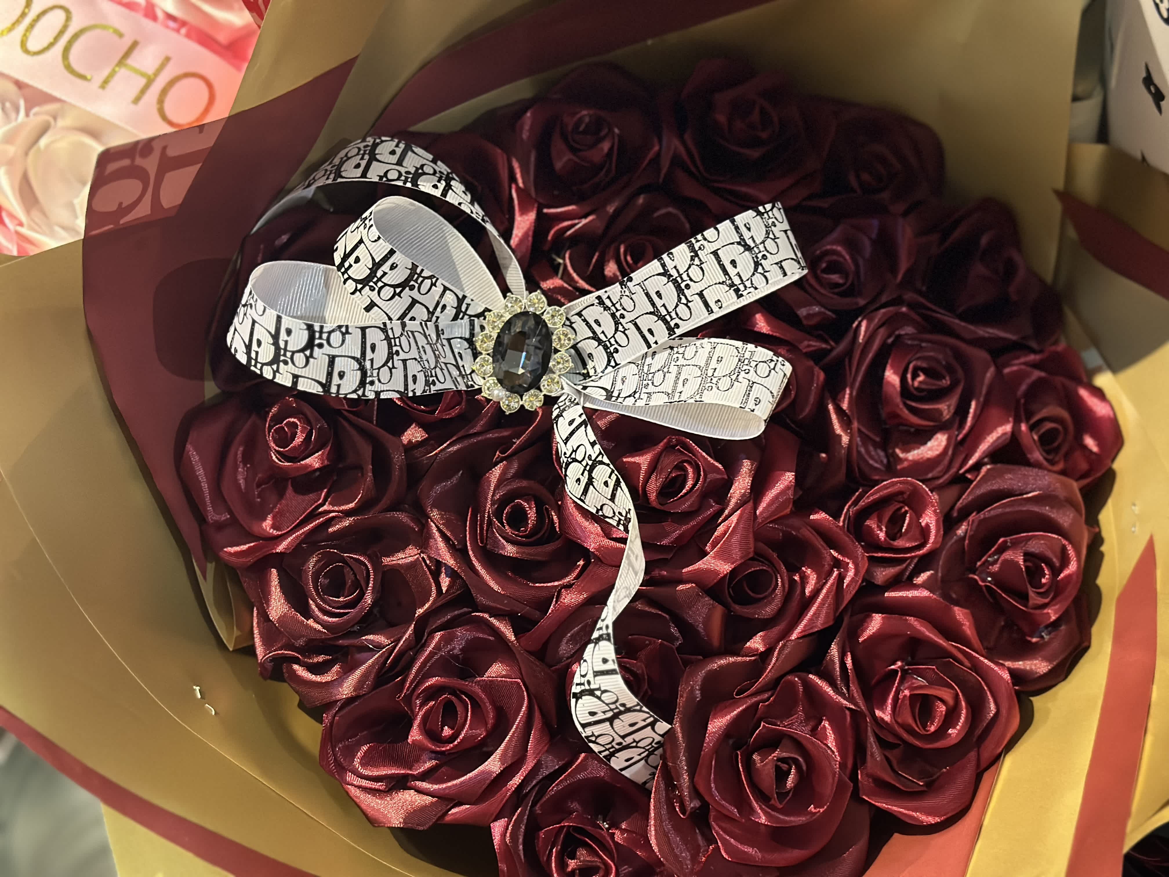 Dior Bouquet - 2 Dozen Custom Made Eternal Satin Roses Bouquet with an elegant bow ribbon 
