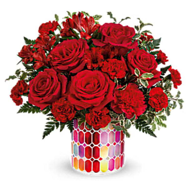 Magnificent Mosaic - Make them feel truly magnificent with this bright red bouquet, presented in a keepsake stained glass mosaic vase.