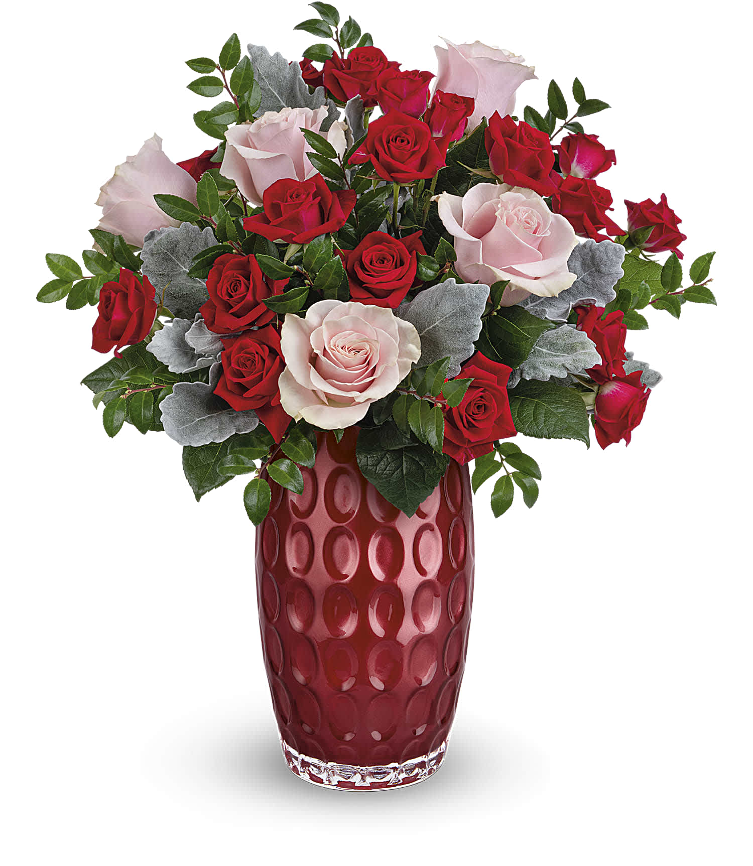TEL Love Always Bouquet - Pink roses and red spray roses are accented with dusty miller and huckleberry - a perfect choice for Valentine's Day. Teleflora's Love Always Bouquet is delivered in Teleflora's Love Always Vase.   Standard: Approximately 16&quot; W x 18 &quot; H Deluxe: Approximately 16&quot; W x 18 1/2&quot; H Premium:  Approximately 16 1/2&quot; W x 19&quot; H