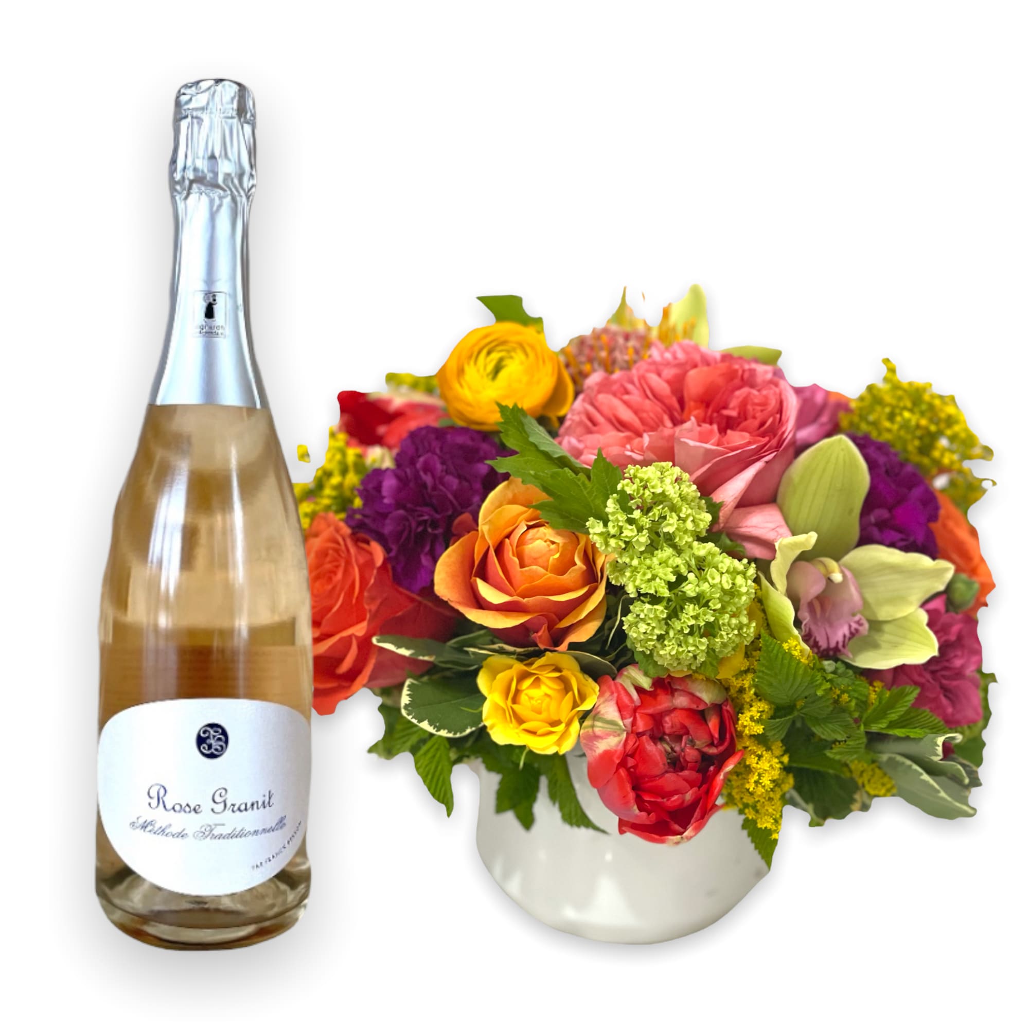 Queen’s Deluxe  - The perfect gift to say Happy Birthday or Congratulations! A gorgeous seasonal flower bouquet arranged in a highly quality vase and a bottle of delicious French rosè sparkling wine! 