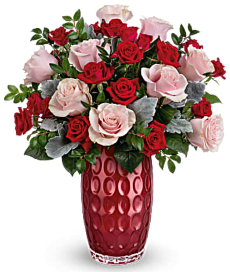 Love Always - Forever has never looked more fabulous than this charming pink and red rose bouquet, arranged in a pearlescent glass vase with modern debossed pattern.