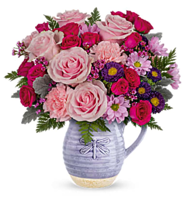 Playful Pitcher - Gorgeous roses and a keepsake pitcher--it's the perfect 2-in-1 Mother's Day gift! Take her special day to new heights with this pink-tastic bouquet and glazed, food-safe ceramic pitcher with charming dragonfly motif.