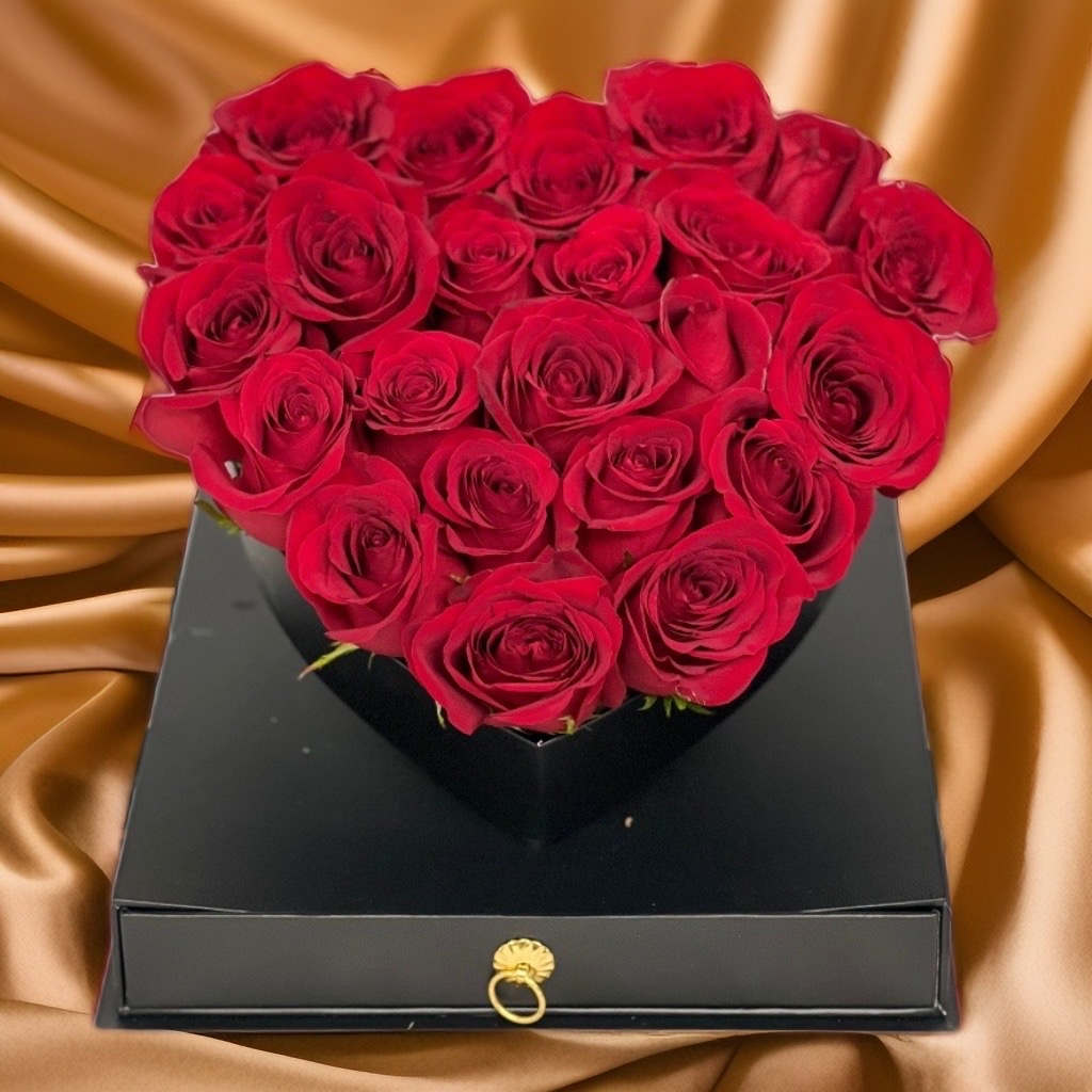 Hidden Heart - red roses in a box with lid and drawer with chocolates