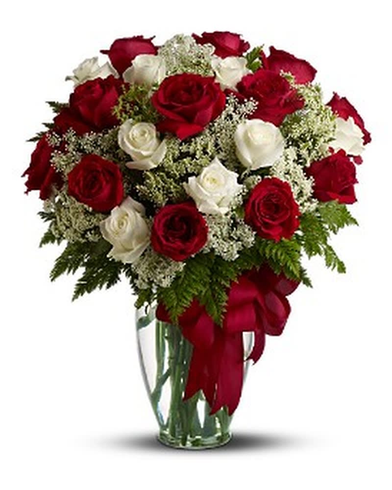 Love's Divine  - Mixed Long Stemmed Roses - Love's divine, and roses are too. At almost two feet tall, this beautiful mix of two dozen red and white roses - accented with Queen Anne's Lace, and adorned with a bold red ribbon - is a timeless gift for your beloved.  Approximately 18&quot; (W) x 23&quot; (H) Orientation: All-Around As Shown : TFWEB503