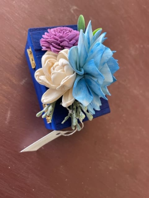 Blue Hand-painted jewelry/gift box - Trish - Small blue hand-painted jewelry/gift box with light blue, purple, and cream sola wood and silk flowers