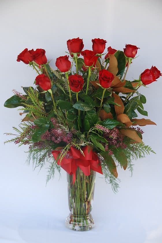 Classic Red - Two dozen long stem roses in a tall glass vase with beautiful greenery for Anniversary, Valentin's Day or Birthday.