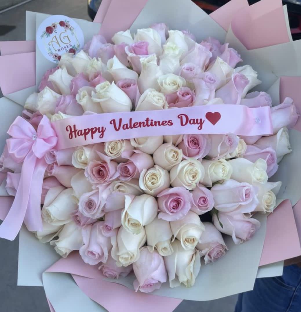 My Pink Valentines  - 75 premium white and pink roses with a beautiful satin ribbon and bow