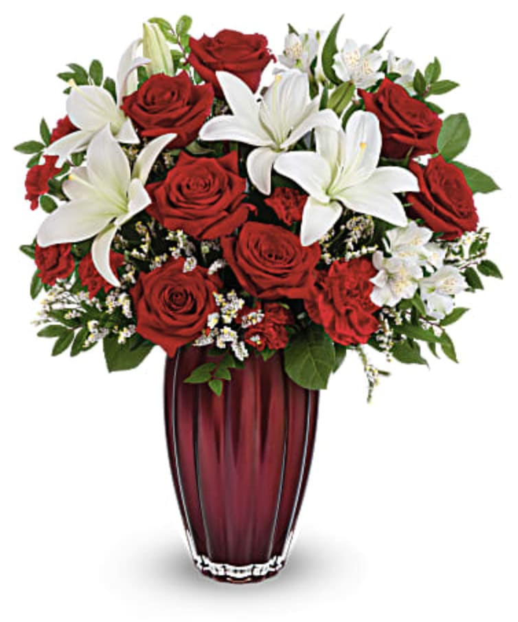 Modern Adoration  - Classic romance! Make their heart soar with this glorious Valentine's Day Modern Adoration bouquet of timeless red roses and white lilies in an elegant European glass vase with pretty pearlescent finish.