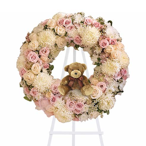 Sympathy floral wreath (soft pinks) - Honor the passing life of young babies or a newborn baby girl with this sympathy wreath standing spray 