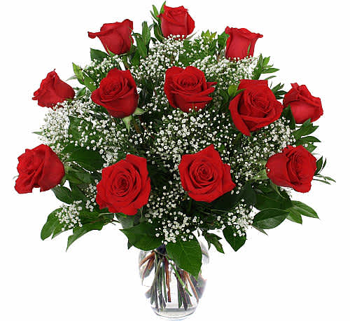 Classic Valentine's Dozen Red Roses - Classic Valentine's flower arrangement of 12 red roses in a glass vase with baby's breath and greenery. When in doubt... this is the Valentine's gift to get