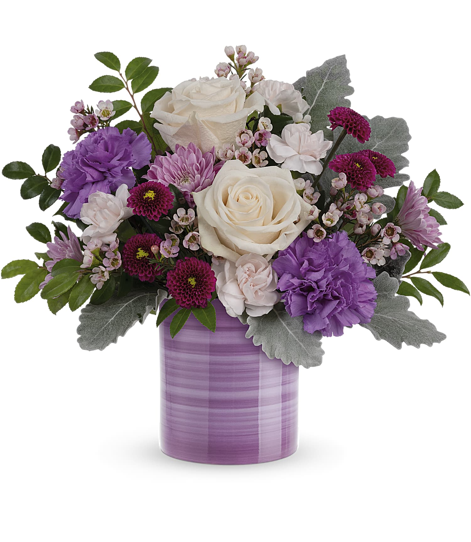 Serene Swirl - Swirling with hand-painted bands of soft lavender, this sweet ceramic keepsake vase makes a marvelous Mother's Day gift filled with a bouquet of creamy roses and purple blooms. T23M400a