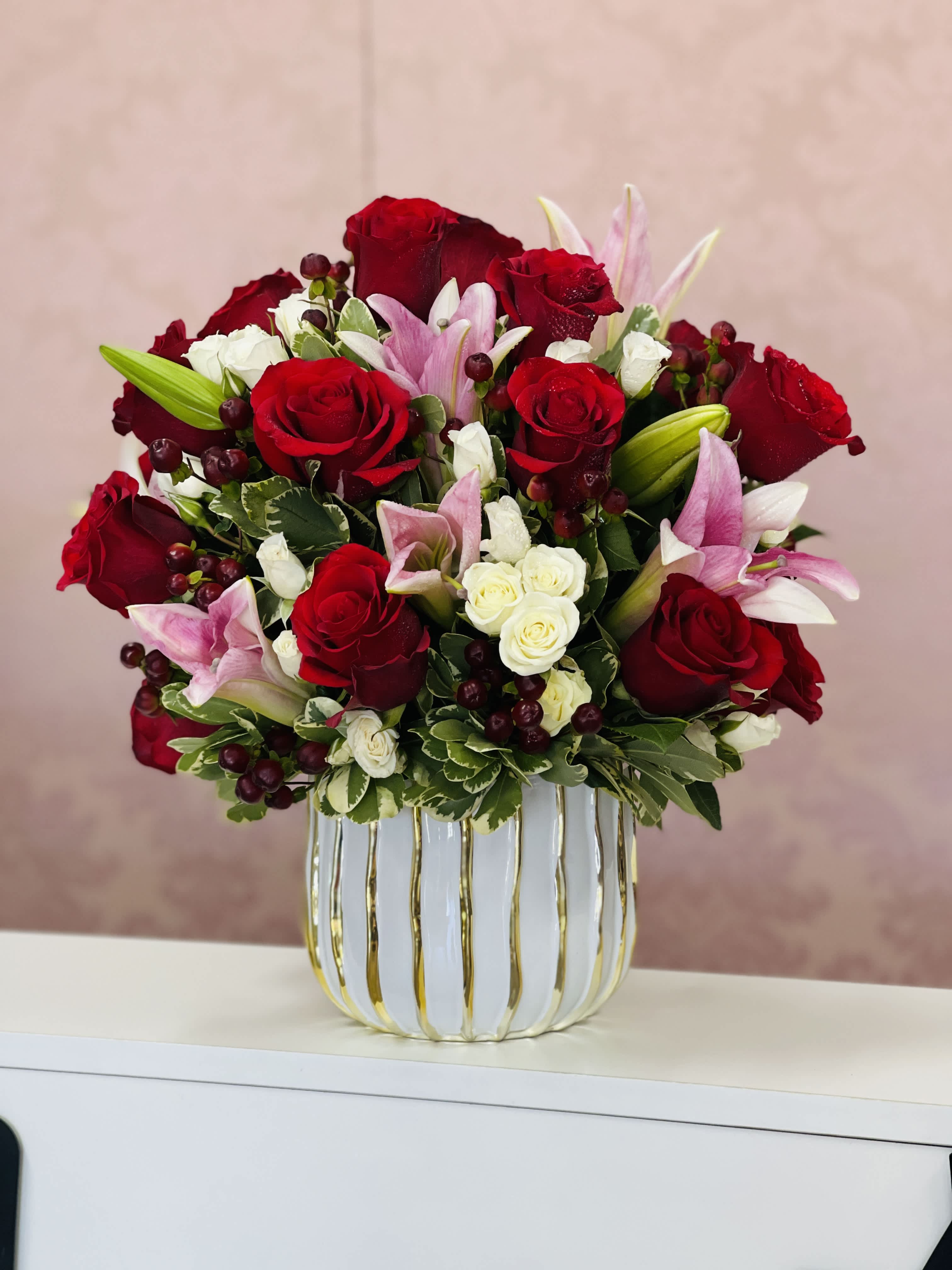 Precious Love By Atlanta's Finest Flowers  -  24 Red Roses , Lilies , spray roses , hypericum and mix greenery 