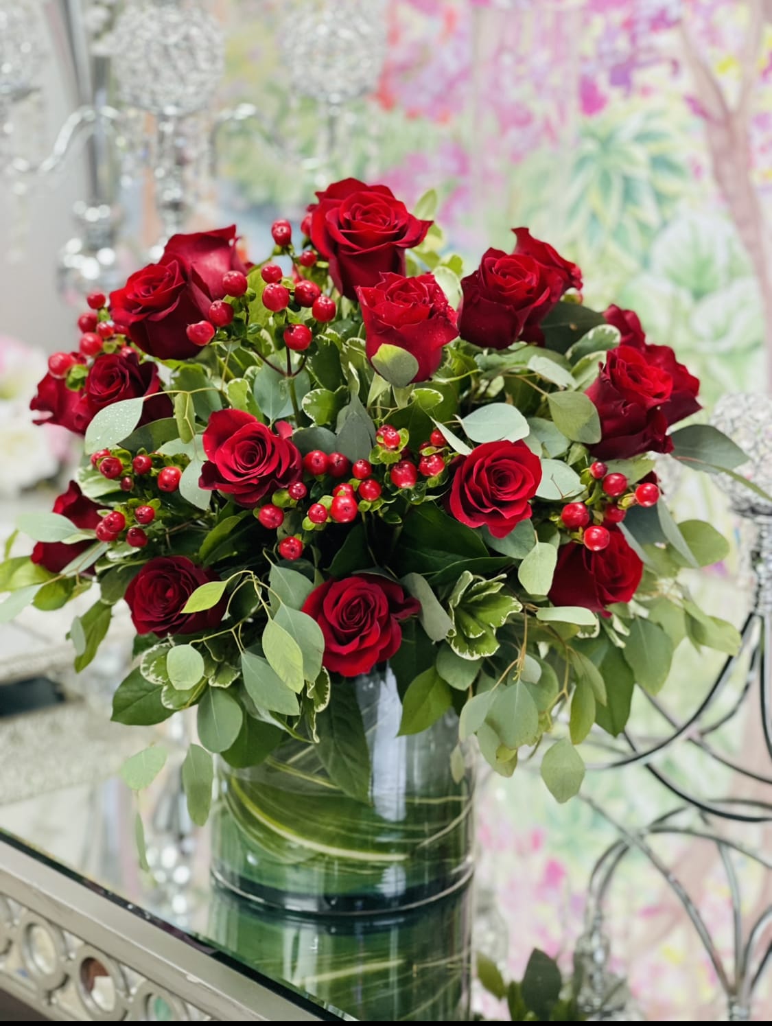 24 Red Roses  - 24 Red roses , Red Hypericum , mix greenery arranged in a 6x6 clear cylinder vase 