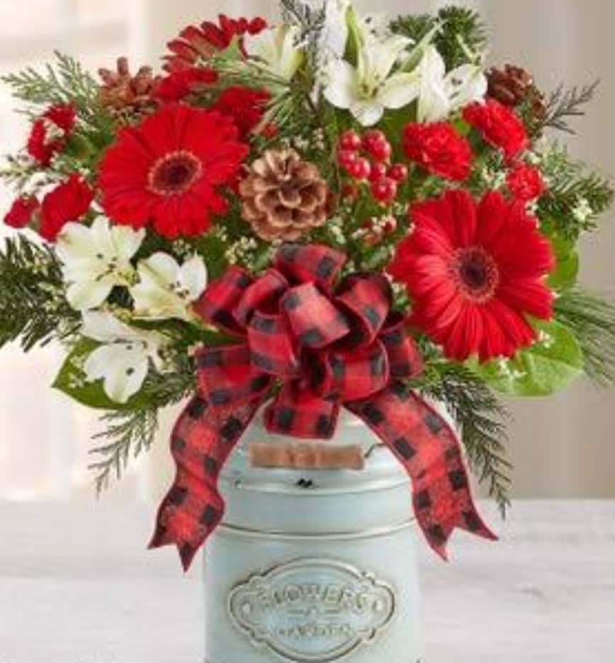 Southern Cheer - Country chic designed in a holiday container using red and white with Christmas greens, pine cones and a holiday bow.