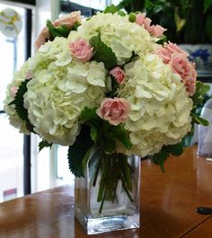 My Girl - Flowers Included:  Pink Roses: 6 White Hydrangeas: 5 Spring roses:6  Pink carnations: 6  Also Included:  Ribbon Vase &amp; Greenery