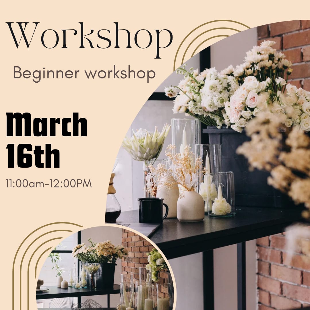 Beginner Workshop w/Free Mimosa Bar - Start your journey and discover the joy of floristry at Bella Flori.   If you are passionate about flowers or looking for a fun event for the gals then this is the perfect class for you. This course is face-to-face and is completely designed to provide you with the best advice and techniques for flower care and management.   DATE: March 16th   Hours: 12:00 a.m. - 2:00 p.m.  Day 1) Hand Tied Bouquet   Day 2) Vase Arrangement   Which Includes:  -Materials (flowers, boxes, vases and basic products)  *Limited space 