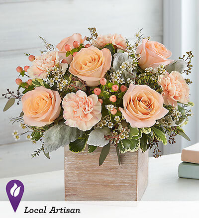  Perfectly Peach  Bouquet - Our Perfectly Peach Bouquet delivers sweetness with every sentiment. All-around arrangement with peach roses, carnations and white waxflower; accented with peach hypericum and assorted greenery 