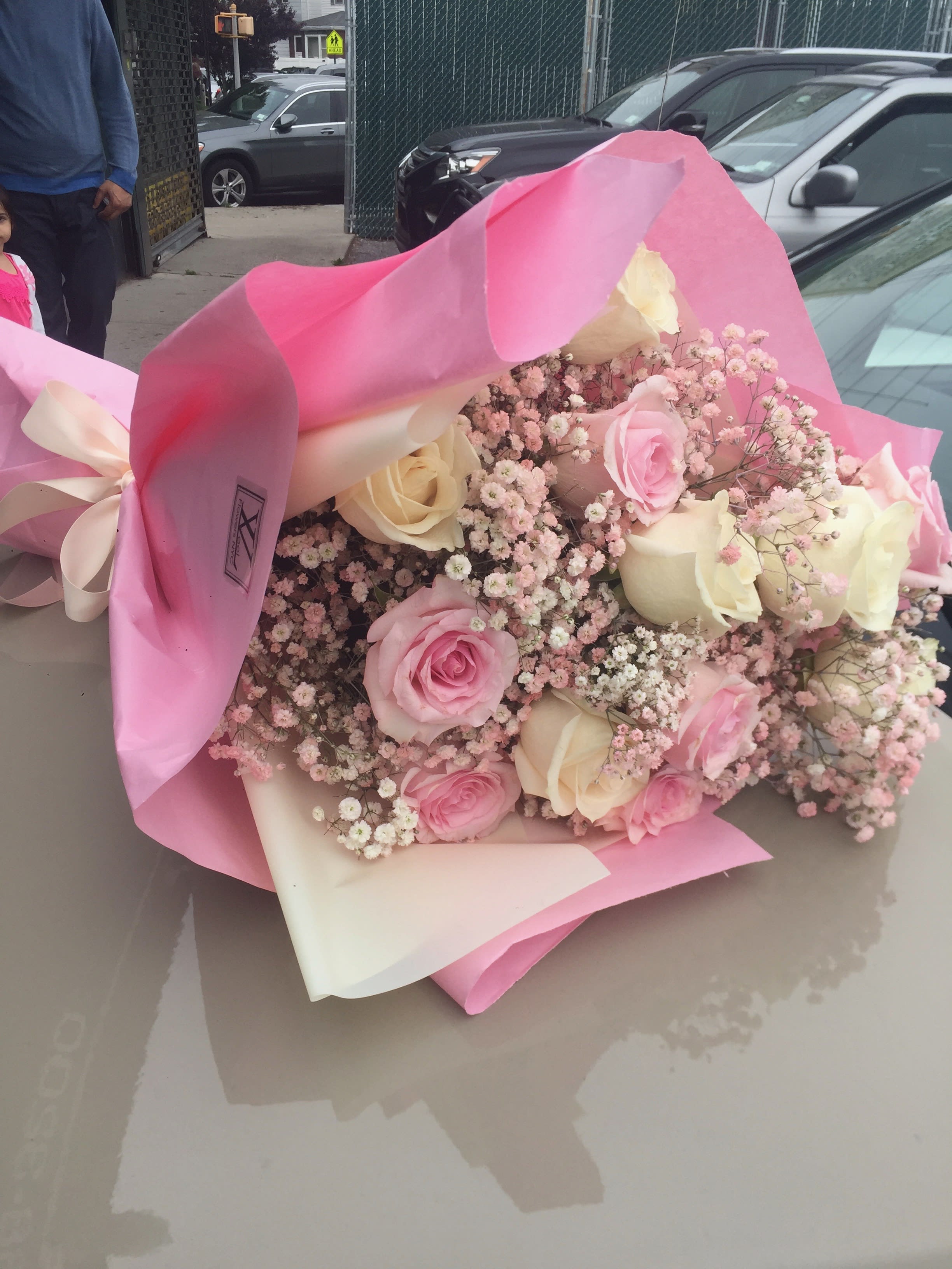 ROSE BOUQUET  - Beautiful bouquet of 6 pink roses and 6 white roses combined with baby breath wrapped on the corean wraping paper 