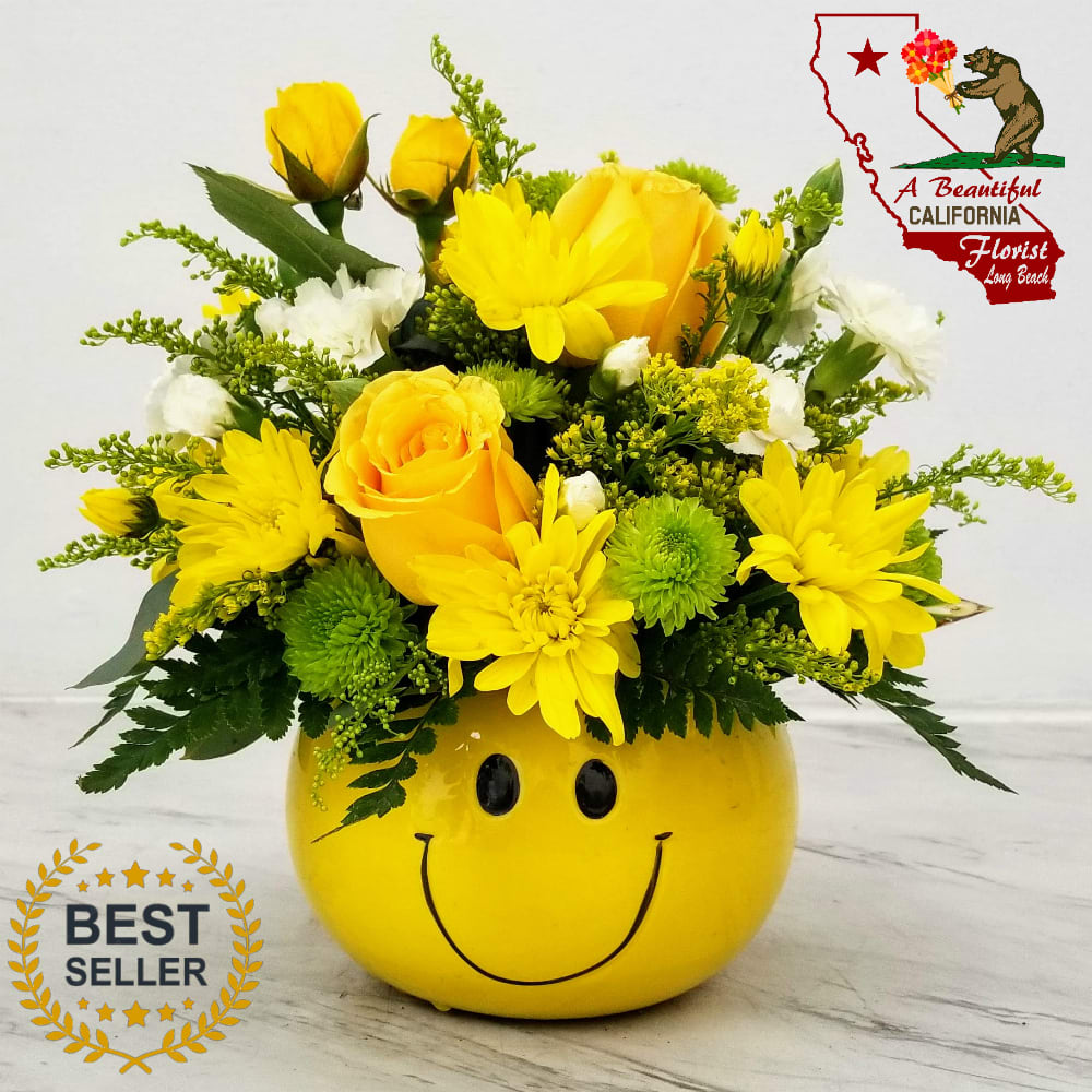 Happy - ABC Flowers Best Long Beach Florist we Deliver - Happy, a great arrangement to put a smile on someone's face. Nice for Administrative Professionals Day, Get Well, or Brighten someone's day. This is a mixed flower arrangement and varies on availability using premium blooms of bright colors.   Approximate size: 12&quot; T x 12&quot; W  Order up some HAPPY today!  A Beautiful California Florist offering same day flower delivery.