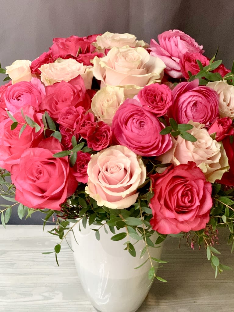 Tango - Beautiful hot pink and blush roses with pretty foliage. Perfect mix for #valentinesday!