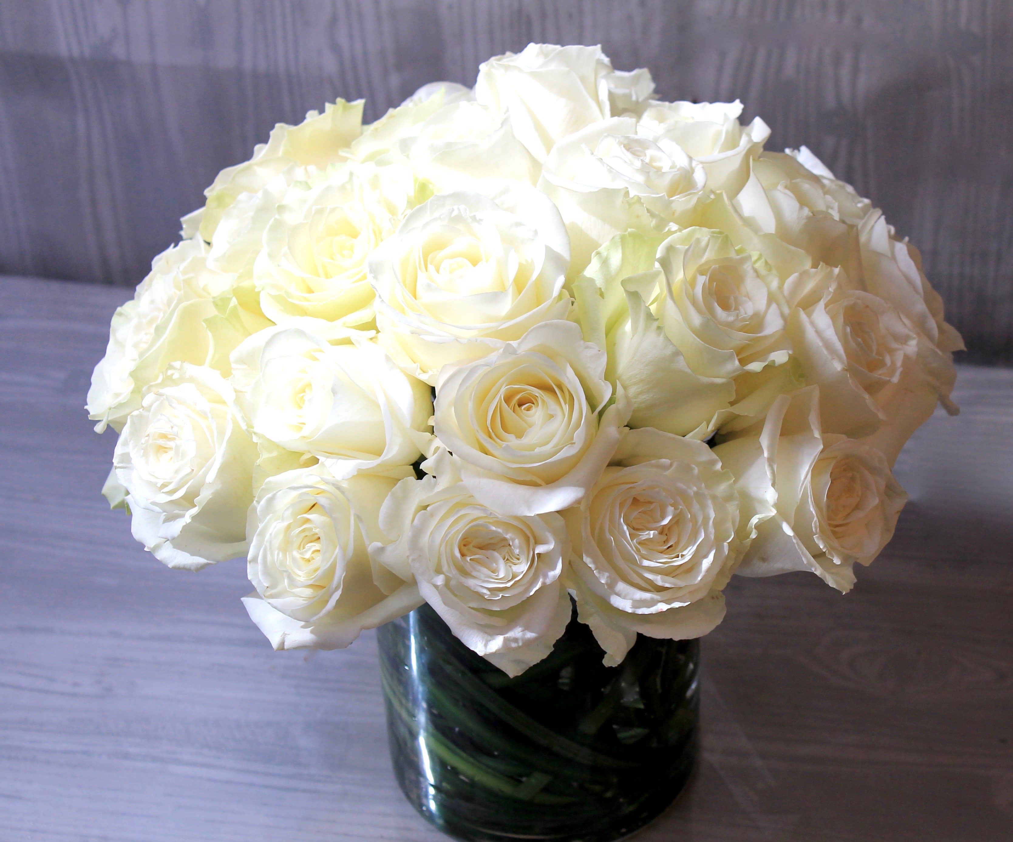 Two Dozen White Roses - Make a bold statement with this elegantly simple design. White roses symbolize hope, honor, adoration, and innocence. Two Dozen White Roses is the perfect gift to welcome new beginnings or show your respects. A classic design to send your love or sympathy wishes. Send the best flowers from the best flower shop in New York. We offer same day flower delivery in Manhattan, Queens, Bronx, Brooklyn, Staten Island and West Chester counties. We have the prettiest and most luxurious flowers to choose from and our designs are unique and whimsical. We carry Peonies almost every day of the year!!#mercuryvase #weddingflowers #luxuryflowers #ranunculus #peony #peonies #flowerdelivery #samedaydelivery #funeralflowers   Arrangement Details: 2 dozen white roses in a glass cylinder vase.  APPROXIMATE DIMENSIONS are 11&quot;D X 12&quot;H