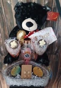 Just Add Rose'  - Baskets are one of a kind, please call to order. 504-341-4305  Basket Contains: Plush Bear Acrylic &amp; Gold Tray Tea Towel Wine Glasses Sangria Cocktail Mix Rose Gold Earring Set Chocolate Covered Pretzels Chocolate Covered Pecans Chocolate Covered Oreos