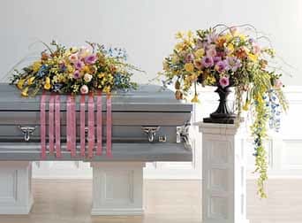 Polychromatic Casket Spray and Vase Arrangement - BLOOMS OFFERS SYMPATHY COMBINATIONS 0F CASKET SPRAY &amp; FLORAL DESIGNS. CALL 908-234-2900  FOR POSSIBILITIES.