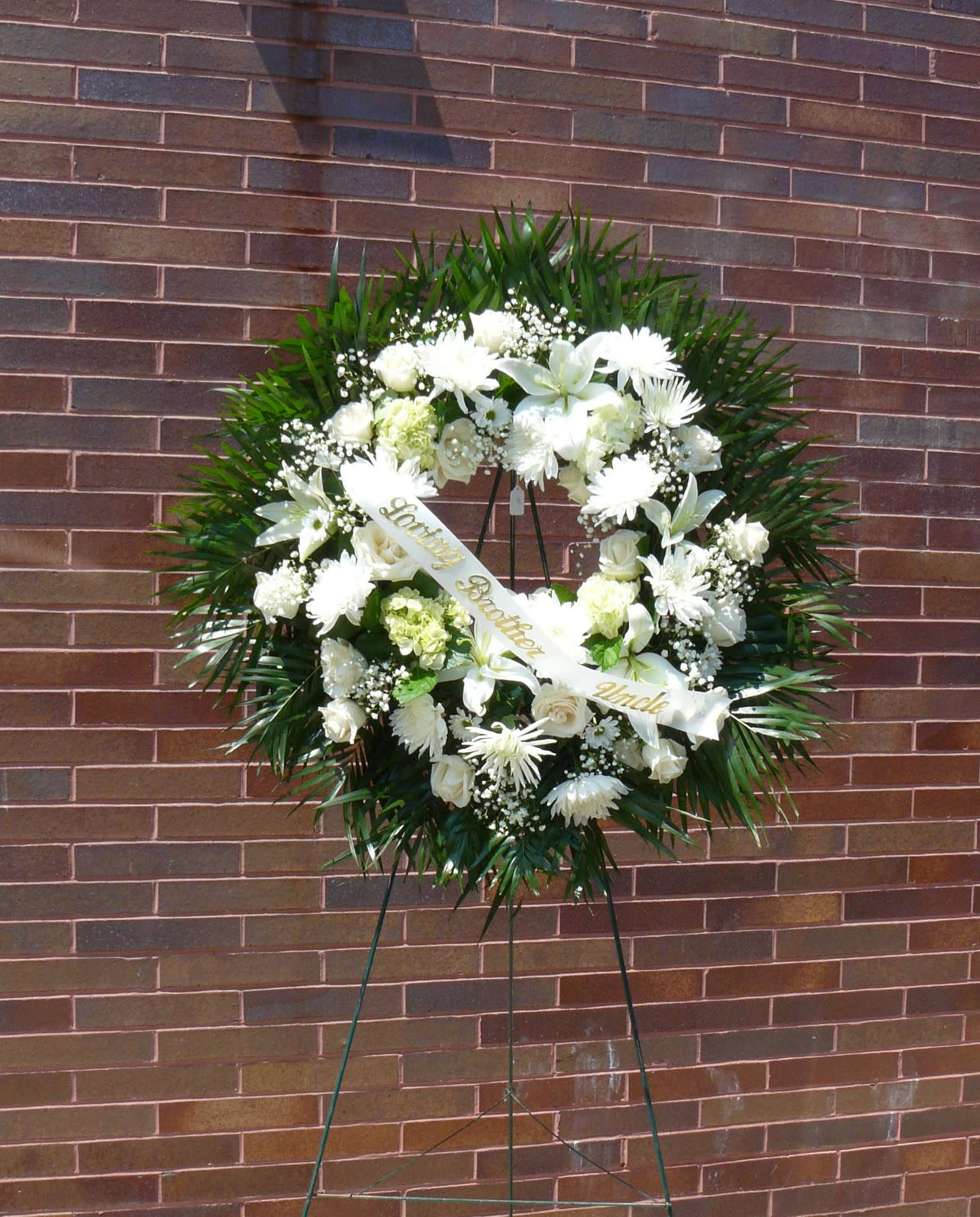 Blooms All White Wreath - White Roses, White Lilies, White Spider, White Hydrangea, Babies Breath, Fancy Greens