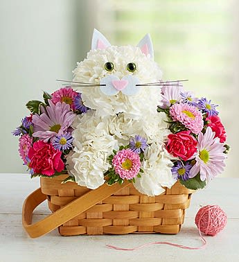 Fabulous Feline - Crafted from crisp white carnations and a mix of colorful blooms inside a charming handled basket, this truly original kitten is sure to have everyone smitten. 147205