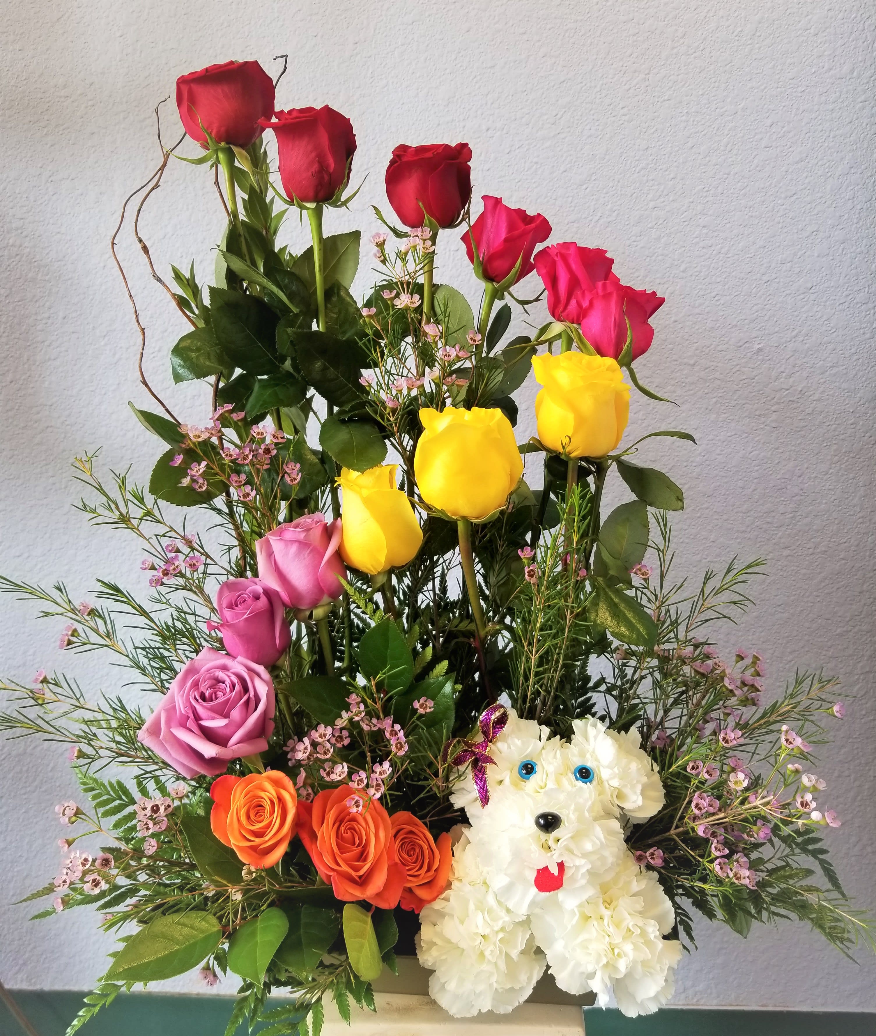 Roses and Puppy - 15 Assorted colored roses with floral puppy. (Rose colors may vary due to availability)