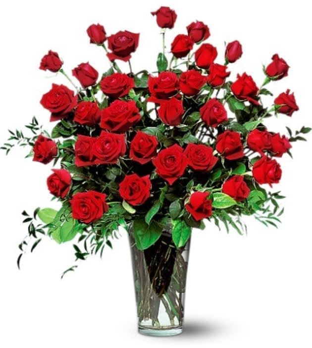 Glorious Roses-- 3 Doz - 3 dozen long stem roses in a Glass vase............... with mixed greens for texture