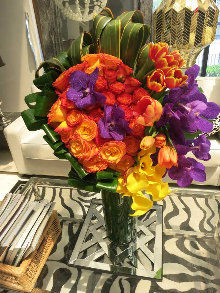Vanda Orchids, Orange Roses, Calla Lillies &amp; Tulips - Orange circus roses, tulips, purple vanda orchids and yellow calla lillies. 