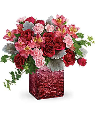 Ooh La Ombre Bouquet - Express to impress! Make a big, bold statement with this modern Valentine's Day bouquet, beautifully arranged in this shimmering ombre cube of distressed mercury glass. Hot pink spray roses, pink alstroemeria, and light pink miniature carnations are arranged with green ivy and dusty miller. Delivered in an Ooh La Ombre cube.