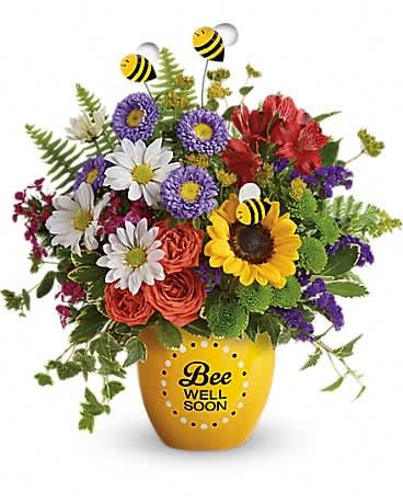 Garden Of Wellness Bouquet - Boost their spirits and brighten their day with this garden of wellness! Hand-delivered in a sweet ceramic &quot;Bee Well Soon&quot; pot, this colorful arrangement of roses, alstroemeria and asters is abuzz with delightful bee decorations - and your very best wishes for a speedy recovery. Includes orange spray roses, red alstroemeria, lavender matsumoto asters, yellow sunflowers, green button mums, white daisies, purple statice, pink sweet william, bupleurum, sword fern, leatherleaf fern, variegated pittosporum and ivy. Delivered in a Buzzing Bee Well pot.