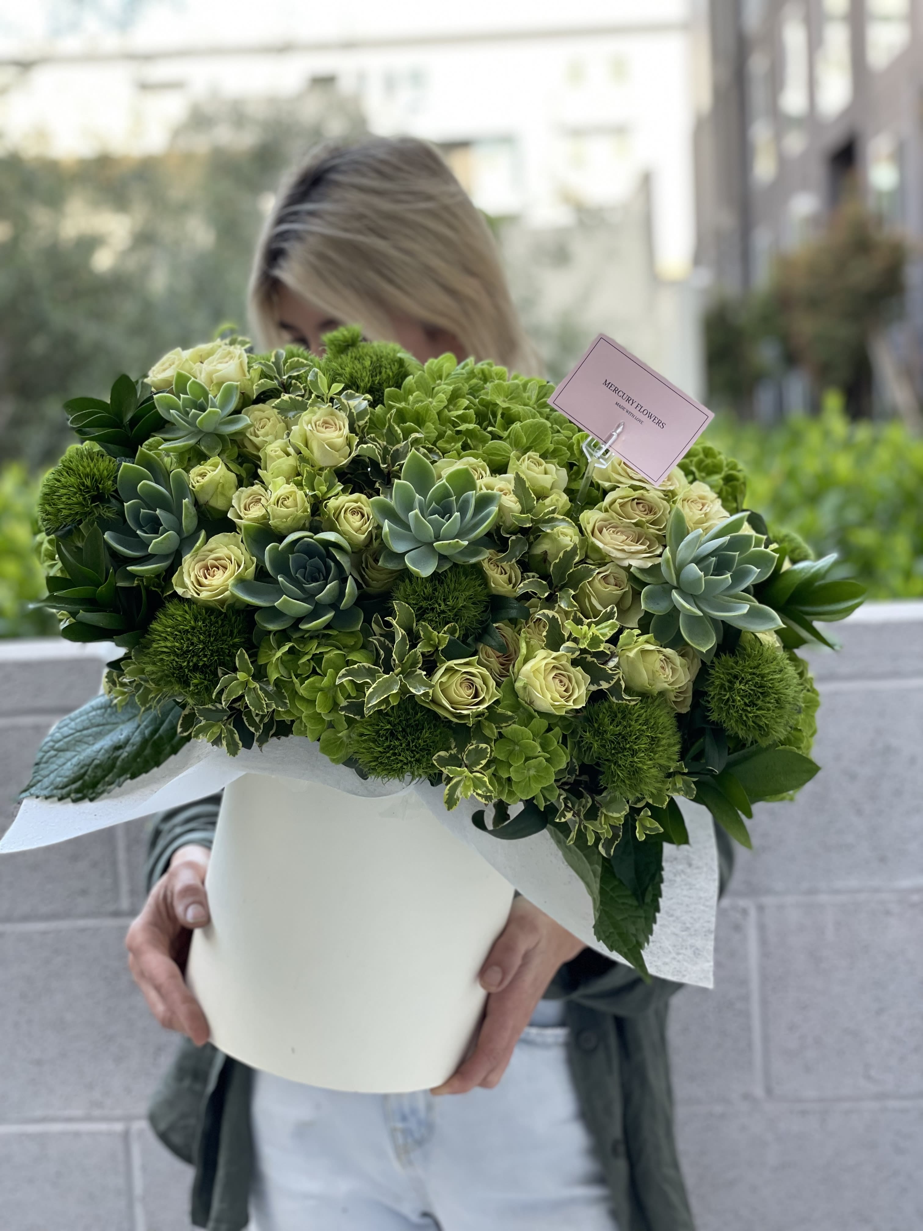 Green box - Spring box with green garden roses ,succulents and greenery