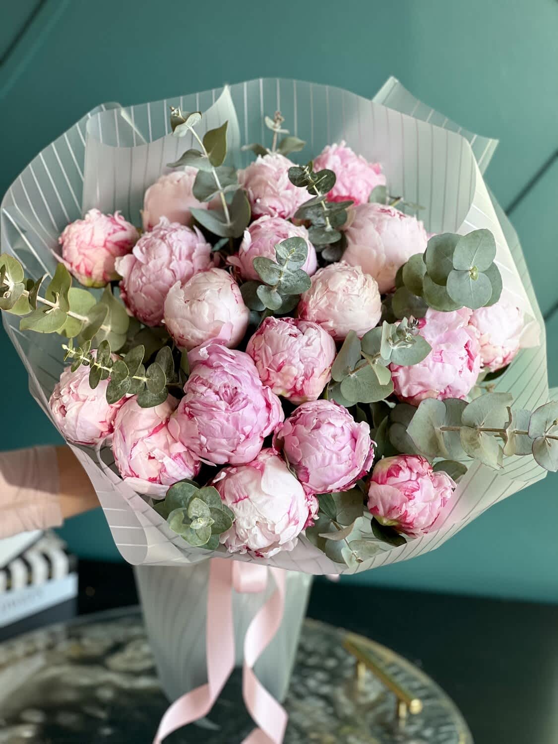 19 peonies bouquet - 19 peonies with eucalyptus in modern paper ( vase not included)  