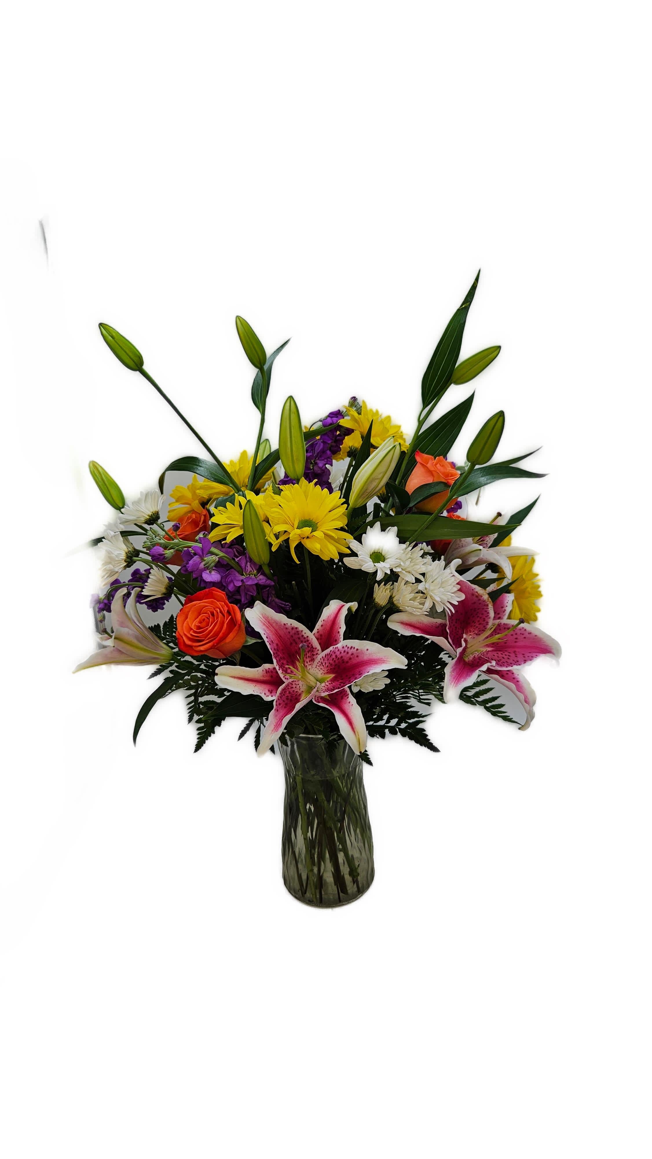 Rainbow Days - Brighten anyones day with this arrangement!  Full of the colors of the rainbow including Stargazer Lilies, Orange Roses, Alstromeria &amp; Daisys accented with purple stock