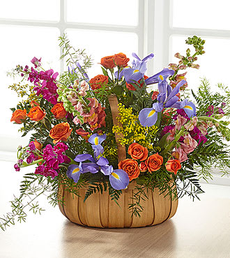 Garden of Life Basket - This beautiful garden basket is full of rich colors artfully arranged with splashes of blue, hot pink, gold and orange flowers such as Iris, stock, solidago, spray roses and snapdragons.