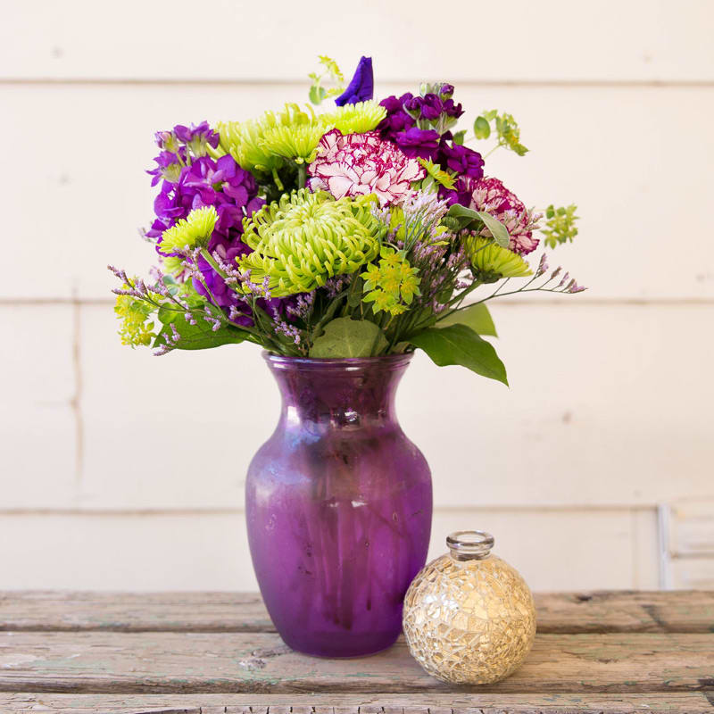 Kiwi Passion - Purple Vase With Purple Stock, carnations, Iris, Green Spiders and Poms