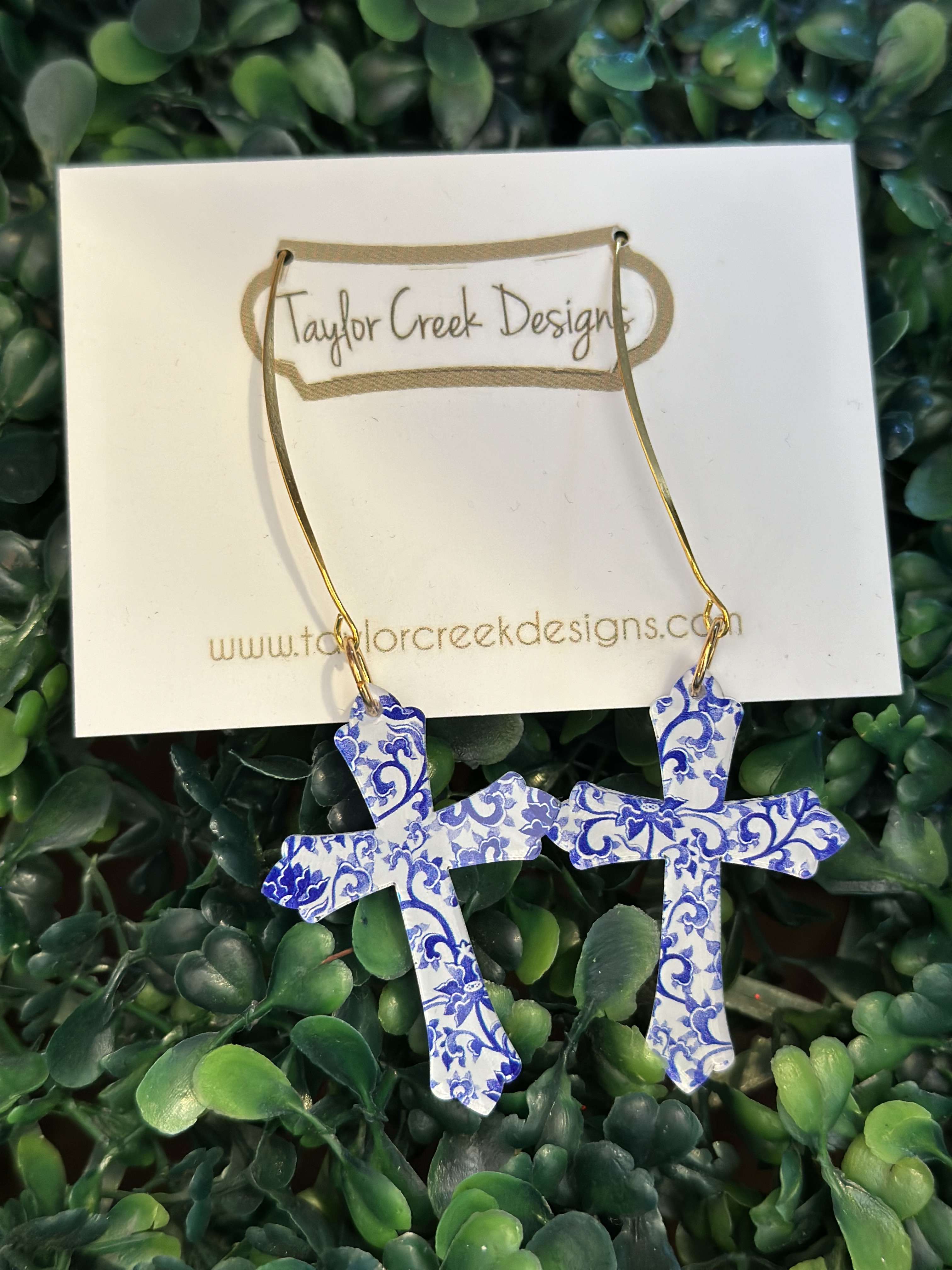 Blue and White Cross Earrings - These Taylor Creek Design cross earrings are simply beautiful even for the sensitive ears. 