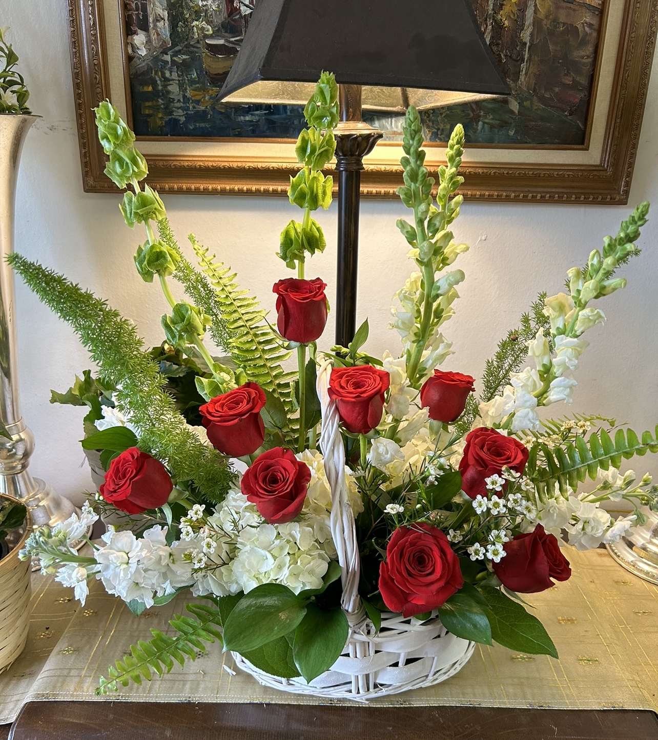 With Love Sympathy Basket With Love Sympathy Basket - Red and white sympathy basket. Assorted premium white flowers with red roses.
