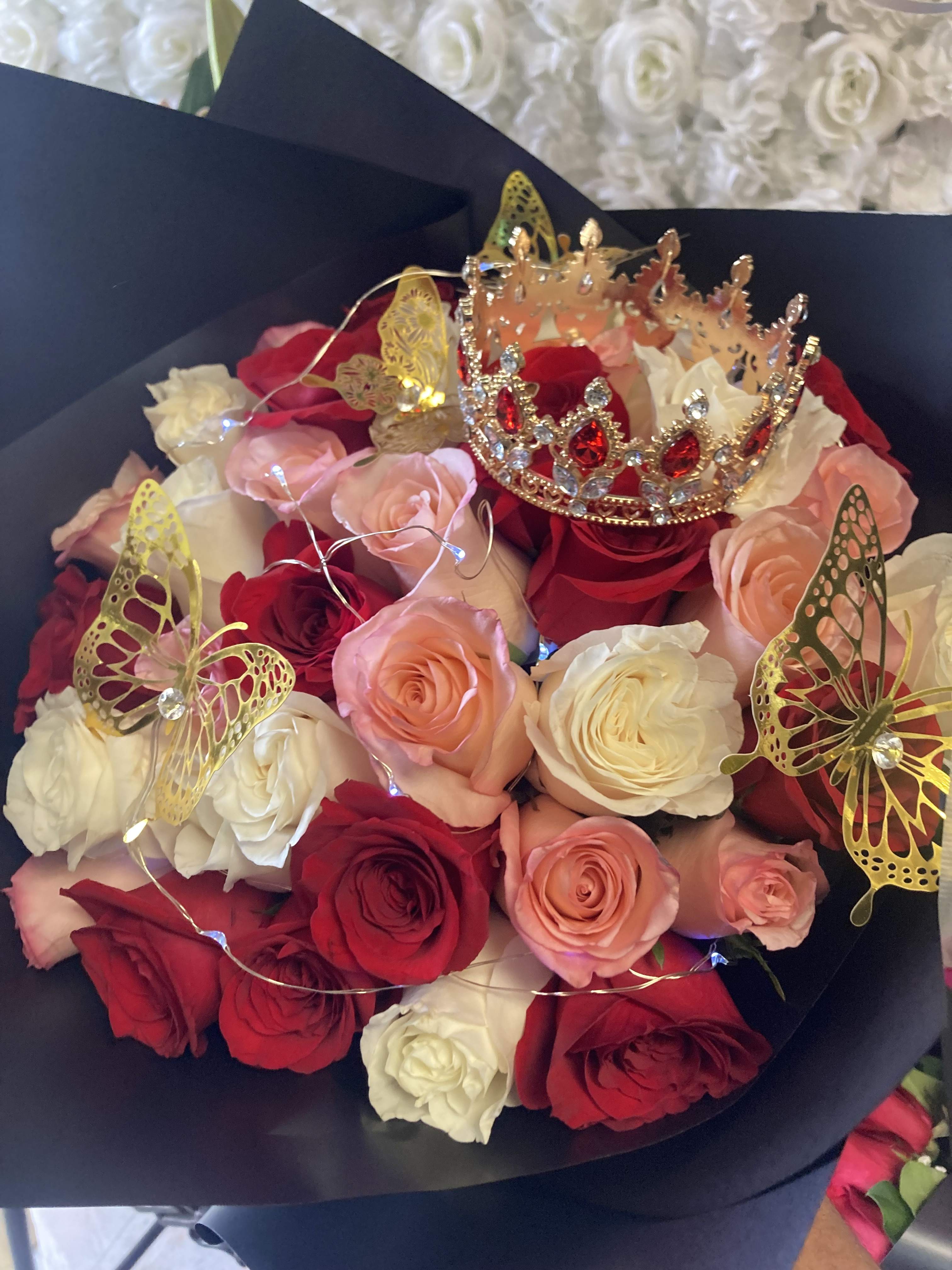 TRI OF COLORS BOUQUET - 3 DOZ PINK, RED, AND WHITE ROSES WRAPPED IN A BOUQUET WITH BUTERFLIES LIGHTS AND CROWN