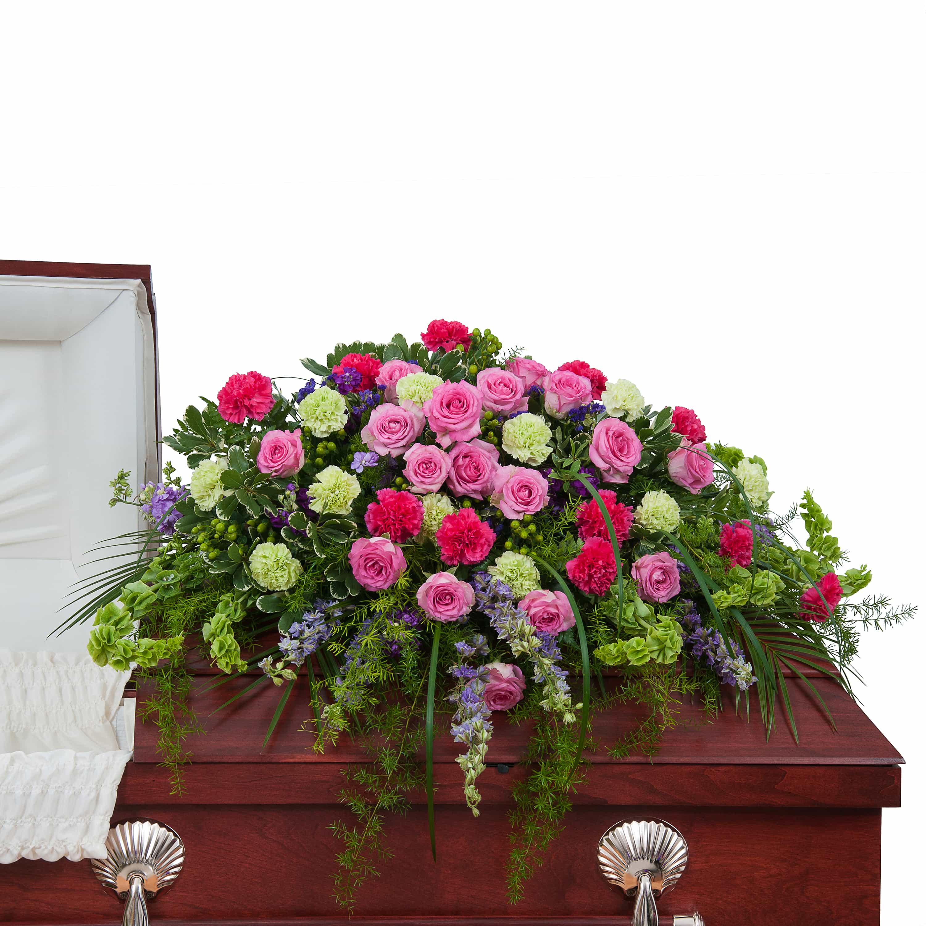 Forever Cherished Casket Spray - This beautiful combination of pink and purple flowers will show that they will be forever cherished. Approximately 44&quot; wide 30&quot; deep As Shown : TMF-771