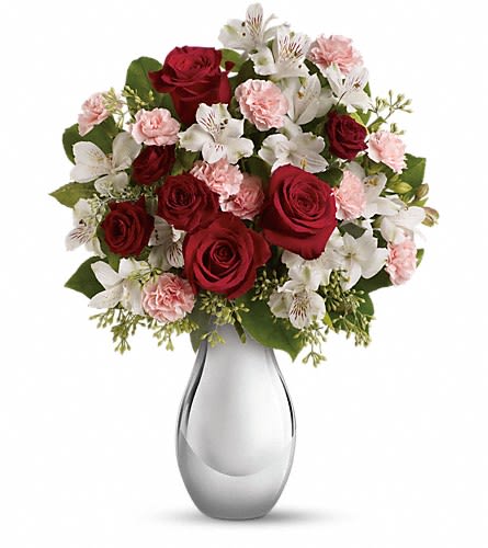 Teleflora's Crazy for You Bouquet with Red Roses - Drive her wild with this gorgeous bouquet that embodies the boundless spirit of love. Red roses pink carnations and other romantic favorites are delivered in a silver reflections vase that she'll cherish. This romantic bouquet includes red roses red spray roses white alstroemeria and pink miniature pink carnations accented with assorted greenery. Delivered in a silver reflections vase.Approximately 13&quot; W x 17 1/2&quot; H Orientation: One-Sided As Shown : T409-2ADeluxe : T409-2BPremium : T409-2C