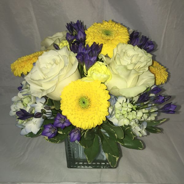 Baby Boy - In a 4&quot; baby boy glass cube with blue hydrangeas, white roses yellow gerbera daisies, yellow mini carnations and purple agapanthus.