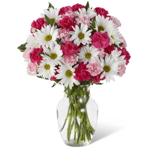 Sweet Surprise Bouquet Sweet Surprise Bouquet - A beautiful bouquet of Hot Pink Mini Carnations, light pink mini Carnations, white Daisy poms with greens in a clear vase.