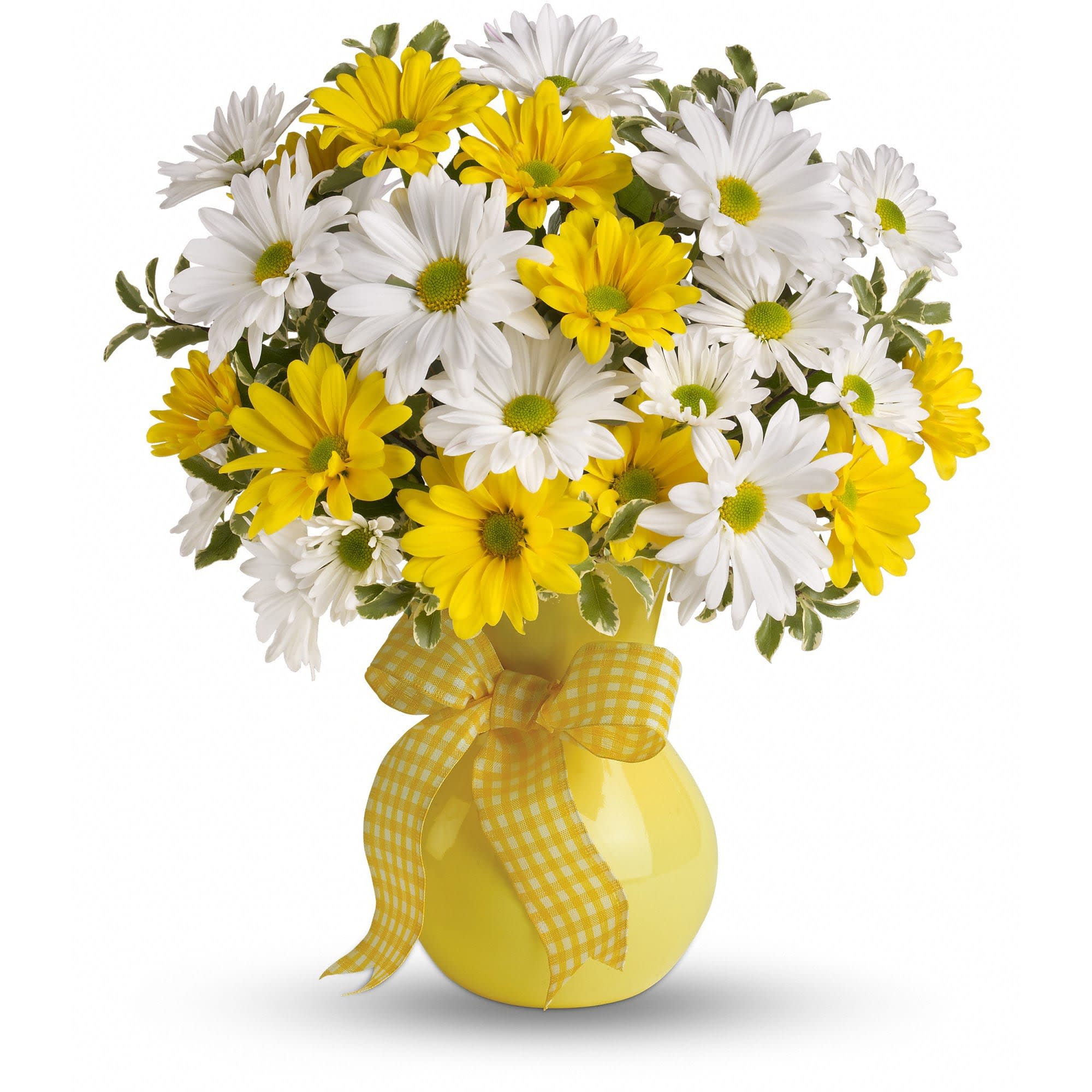 Teleflora's Upsy Daisy Teleflora's Upsy Daisy - What could be sweeter than a cheerful yellow vase filled with white and yellow daisies? Can't think of anything? Then choose this sunny bouquet. It will brighten their day.